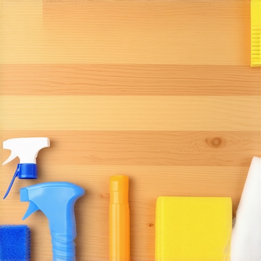 Close-up of hardwood floor with cleaning tools and sealant
