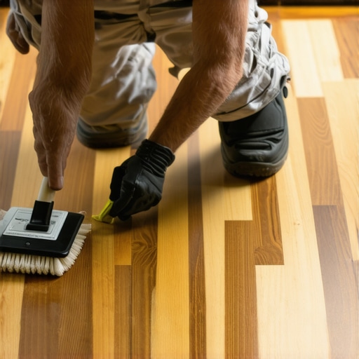Applying Sealant to Hardwood Floor Professional applying sealant to hardwood flooring with foam brush