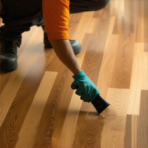 Expert Applying Floor Sealant Professional applying sealant on hardwood flooring in a well-lit room