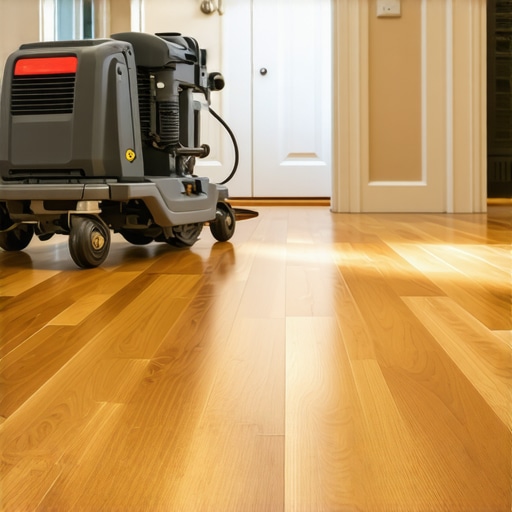 Professional refinishing of hardwood flooring using specialized equipment in a contemporary living space