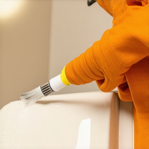 Professional applying waterproof sealant in bathroom corner with tools and clean surface.
