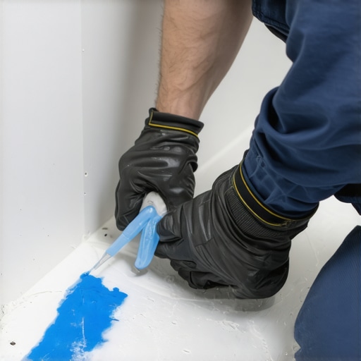 Applying Bathroom Sealant Professional applying waterproof sealant in bathroom corner