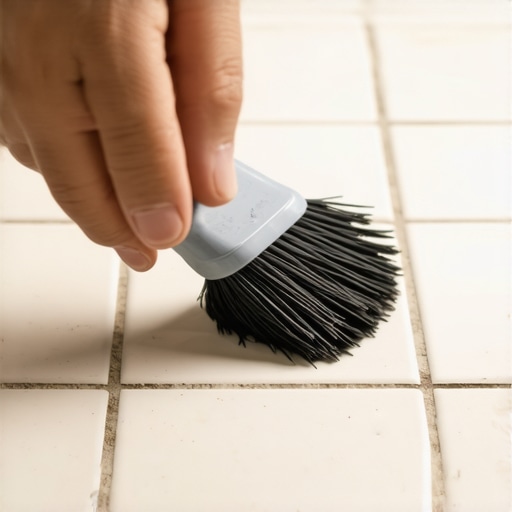 Person applying grout sealer with brush on tiled floor