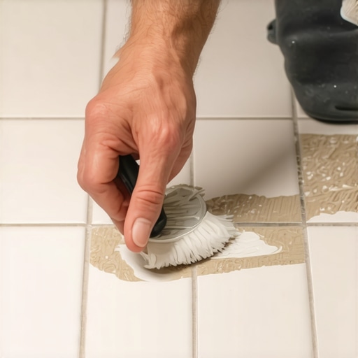 Close-up of grout sealing process on bathroom tiles