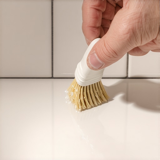 A hand applying grout sealant to bathroom tiles with a brush for protection and waterproofing.