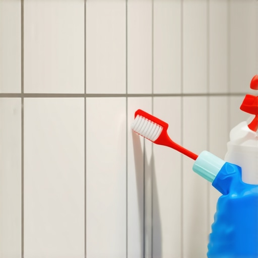 Person scrubbing grout with a toothbrush in a clean bathroom