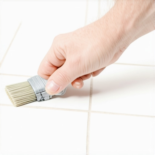 Homeowner sealing bathroom grout with a brush