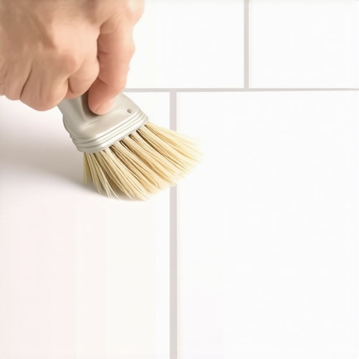 Person sealing grout lines between bathroom tiles to prevent stains and mold.