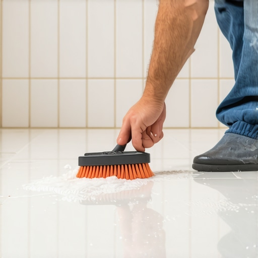 Person scrubbing grout in bathroom with brush and cleaner.