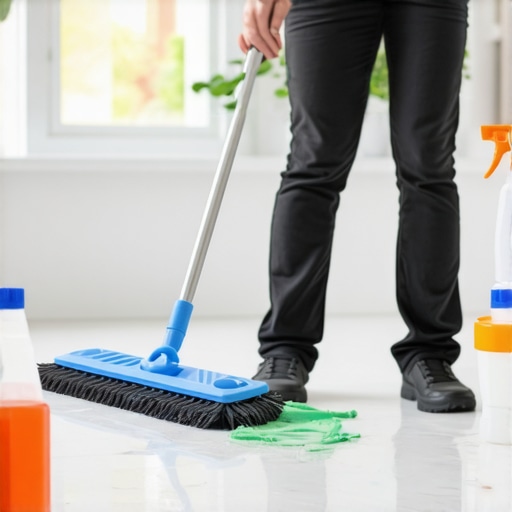 Person applying sealant to tiled bathroom floor with cleaning tools present