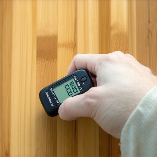 Person measuring moisture level on hardwood floor with digital moisture meter during home maintenance.