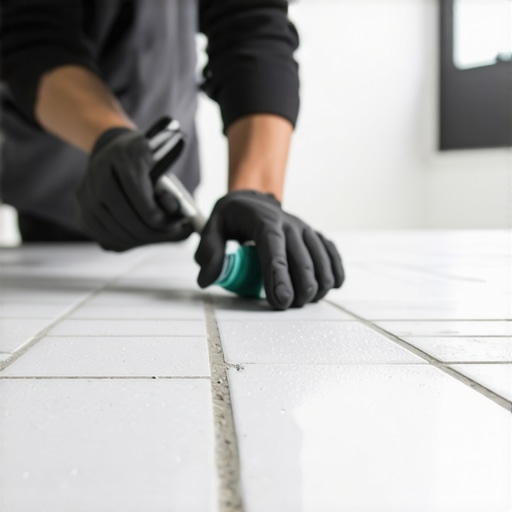 Person applying sealant to grout lines using a precision caulk applicator in a bathroom