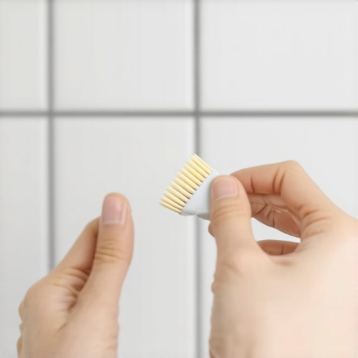 Person sealing grout lines with a brush in a bathroom