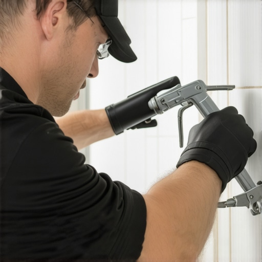 A handyman sealing shower edges with precision caulk