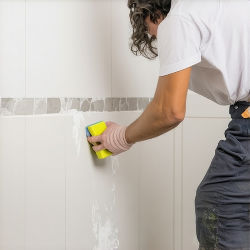 Close-up of a hand applying sealant to bathroom grout lines with a sponge applicator.