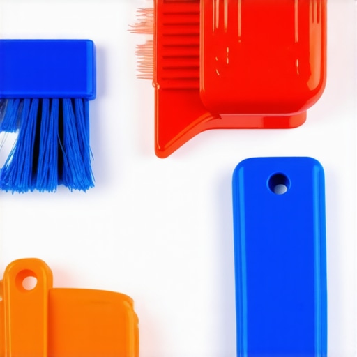A set of professional-grade grout cleaning brushes and a caulking gun used for bathroom tile upkeep.