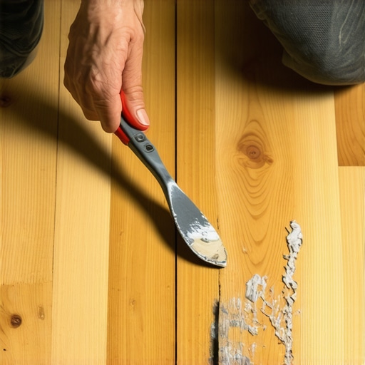 Person applying flexible wood filler to gaps in hardwood flooring