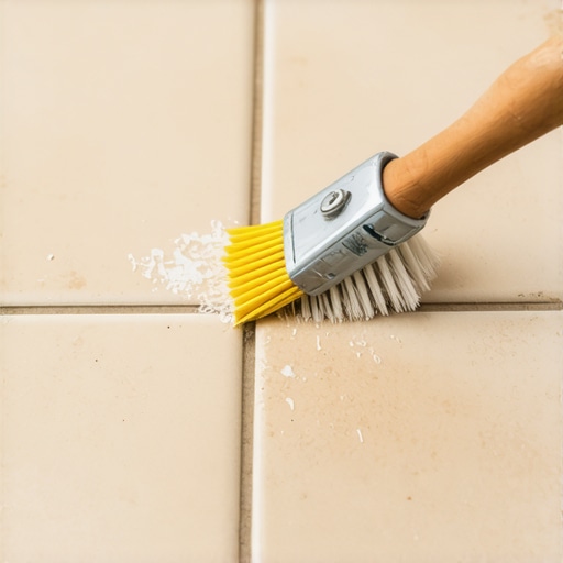 A hand scrubbing grout lines with a stiff brush during cleaning process