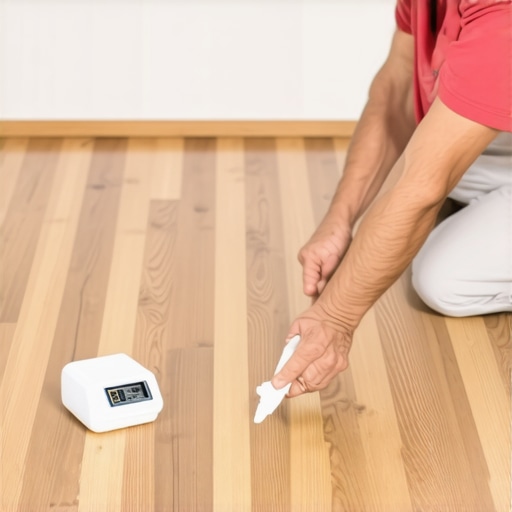 Homeowner measuring humidity and sealing laminate floor joints to reduce clicking sounds.